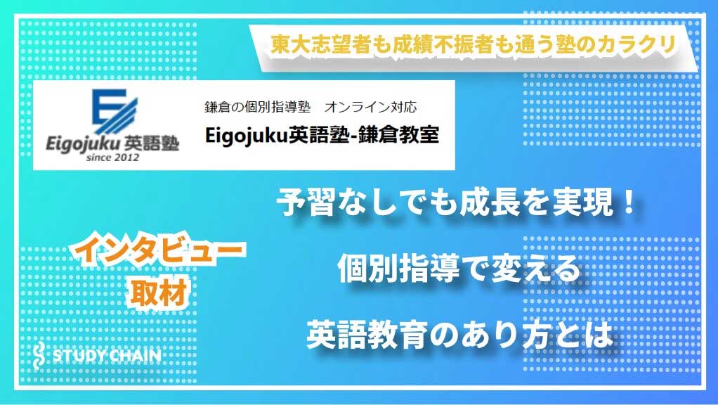 英語個別指導サービス「英語塾」のプロモーション画像。画像には日本語のテキスト、ロゴ、鮮やかなパターンが含まれています。キーフレーズは、事前準備なしでの成果、個別指導、面接での言及を強調しています。