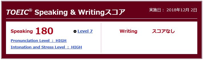 TOEICスピーキングスコア180点、レベル7、高い発音とイントネーション評価。2018年12月2日実施。
