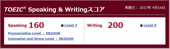 TOEICスピーキング160点・ライティング200点のスコア、2017年4月16日実施、レベル7と9。